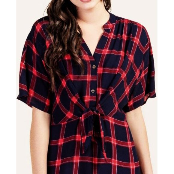 Drop Skye Plaid Tie-Front Dress Red Navy Tartan Button-Up Belt Belted A-Line S - Picture 3 of 9